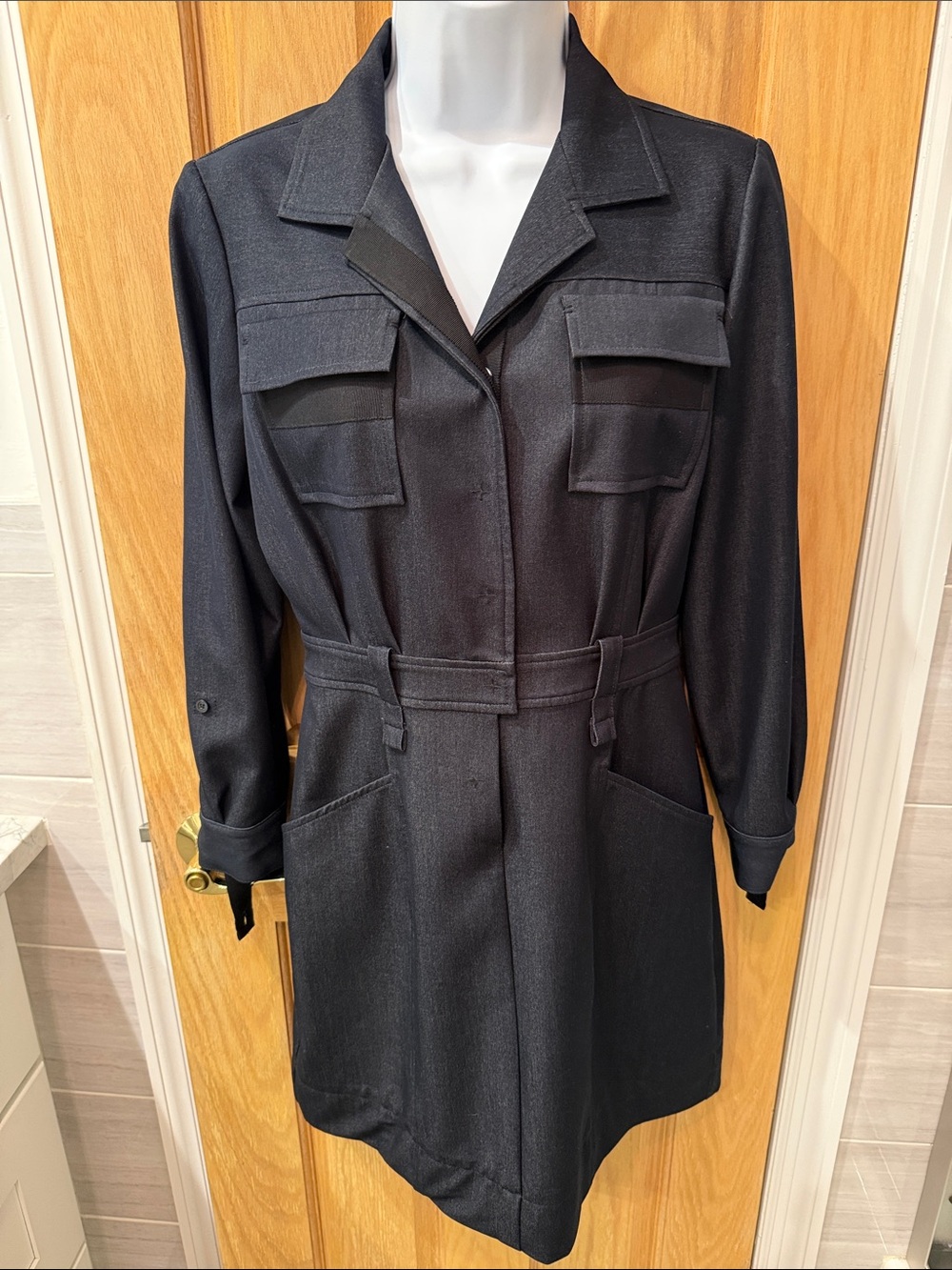 T Tahari Black Long-Sleeve Utility Jacket Dress with Belt